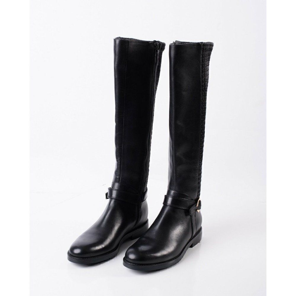 Cole Haan Grand Womens Black Leather Leela Riding Boots Sz 5.5 Knee High Buckle